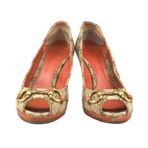 Gucci GG Canvas Horsebit Peep Toe Heels Pumps Size 36